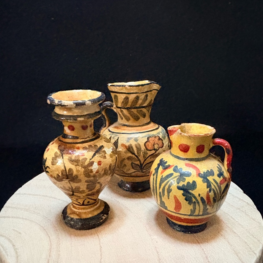 3x Vintage Miniature Handcrafted Artisan Folk Art Floral Ceramic Bud Vases